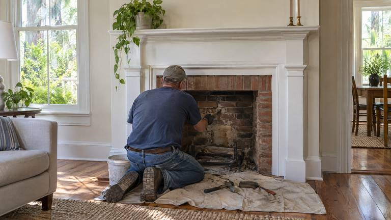 A technician kneels at an older fireplace with a painted white mantel, tools laid out on a drop cloth.