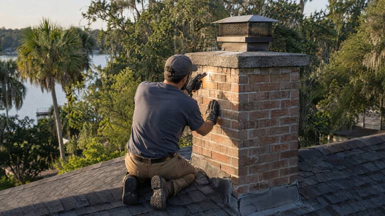 A technician kneels on a shingle roof and checks the mortar joints of a brick chimney with a flashlight.
