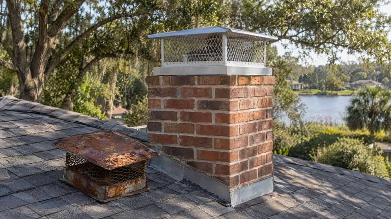 An old rusted chimney cap on the roof beside a brick chimney fitted with a new stainless mesh cap.