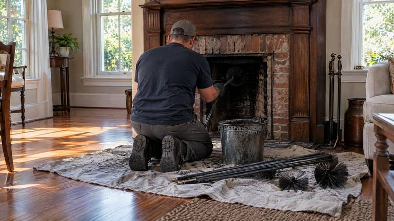 A technician kneels at an older brick fireplace with chimney rods, round brushes and a bucket on a drop cloth.