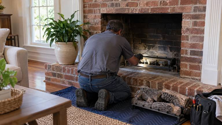 A technician kneels at a gas log set with the logs lifted out onto a blanket and the burner exposed.